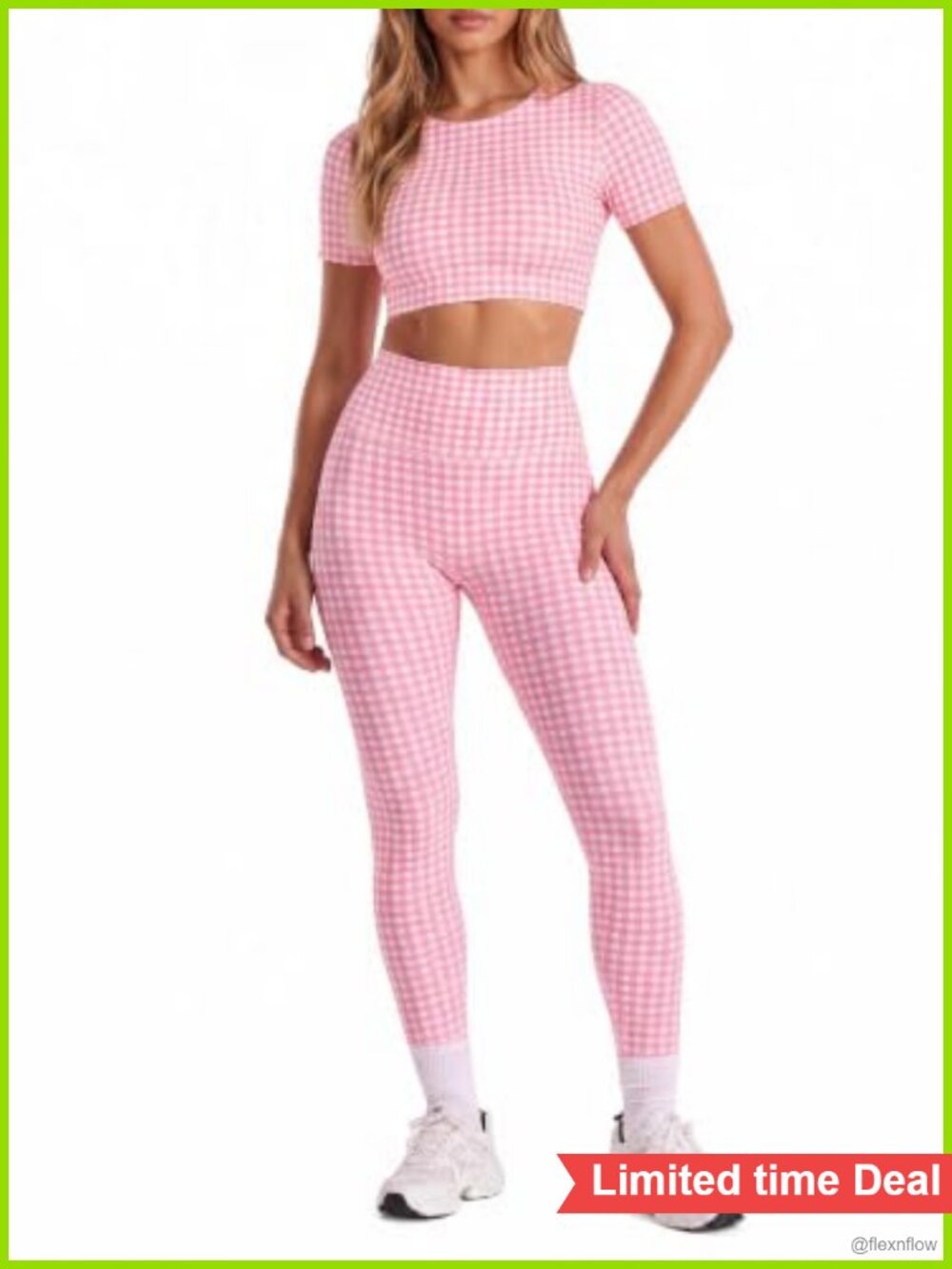 Gingham Crop Top High Waist Leggings 2 Piece Workout Set with Built-in Bra